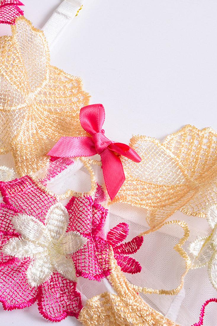 White Floral Embroidered Garter Sexy Lingerie 3 Pc Set