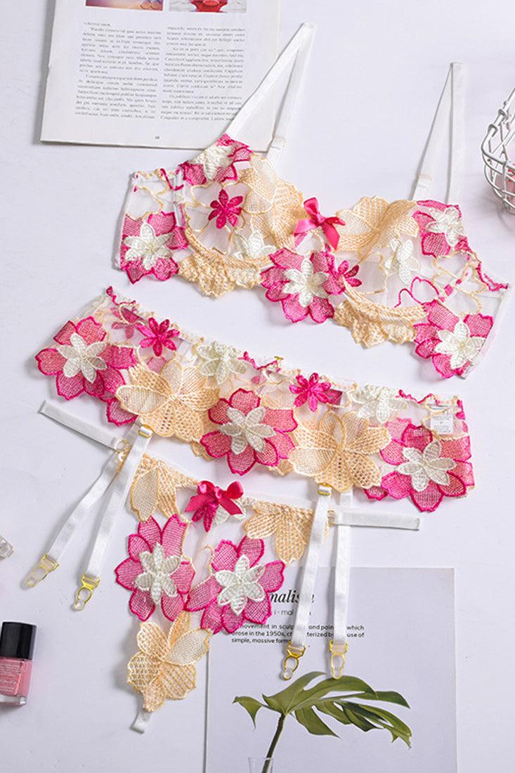 White Floral Embroidered Garter Sexy Lingerie 3 Pc Set