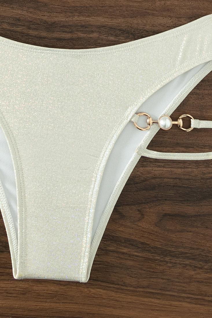 White Holographic Shiny Pearl Strappy Triangle Cheeky 2 Pc Sexy Swimsuit Set Bikini