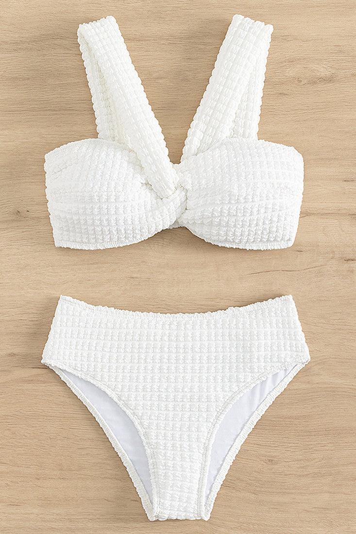 White Texured Puff Halter High Wait Cheeky 2Pc Swimsuit Set