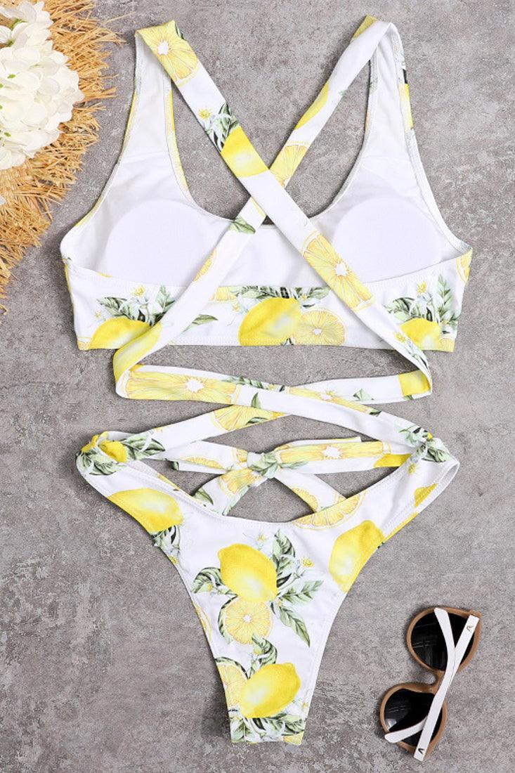 White Yellow Lemon Print Strappy Super Cheeky Sexy 2Pc Swimsuit Set Bikini