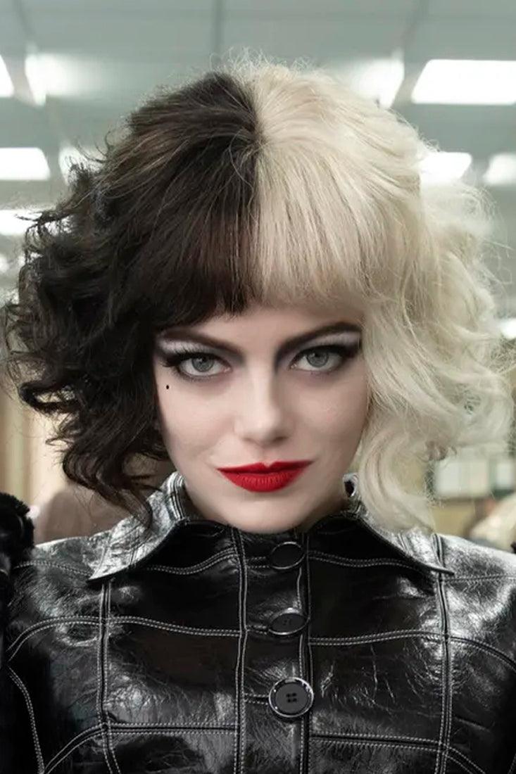Black White Mid Length Wavy Two Tone Cruella Wig Costume Accessory