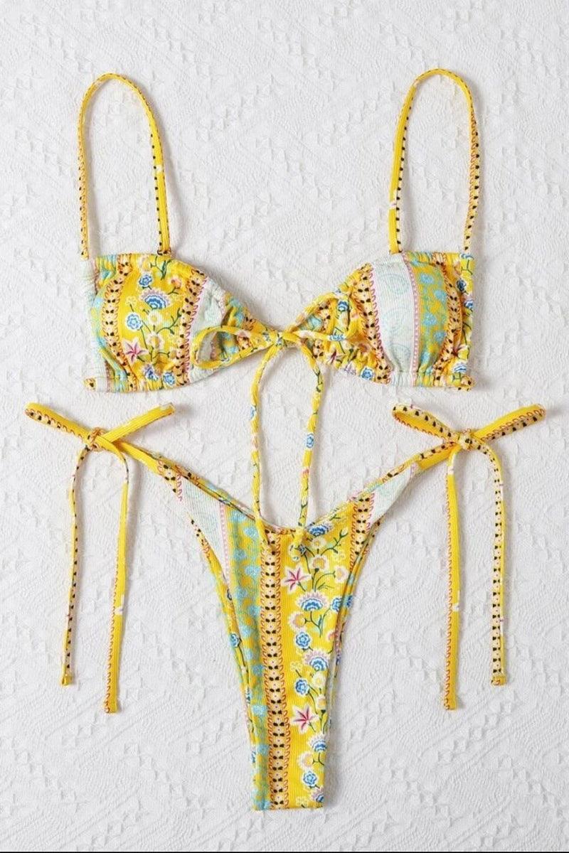 Yellow White Graphic Print Three Piece Swimsuit