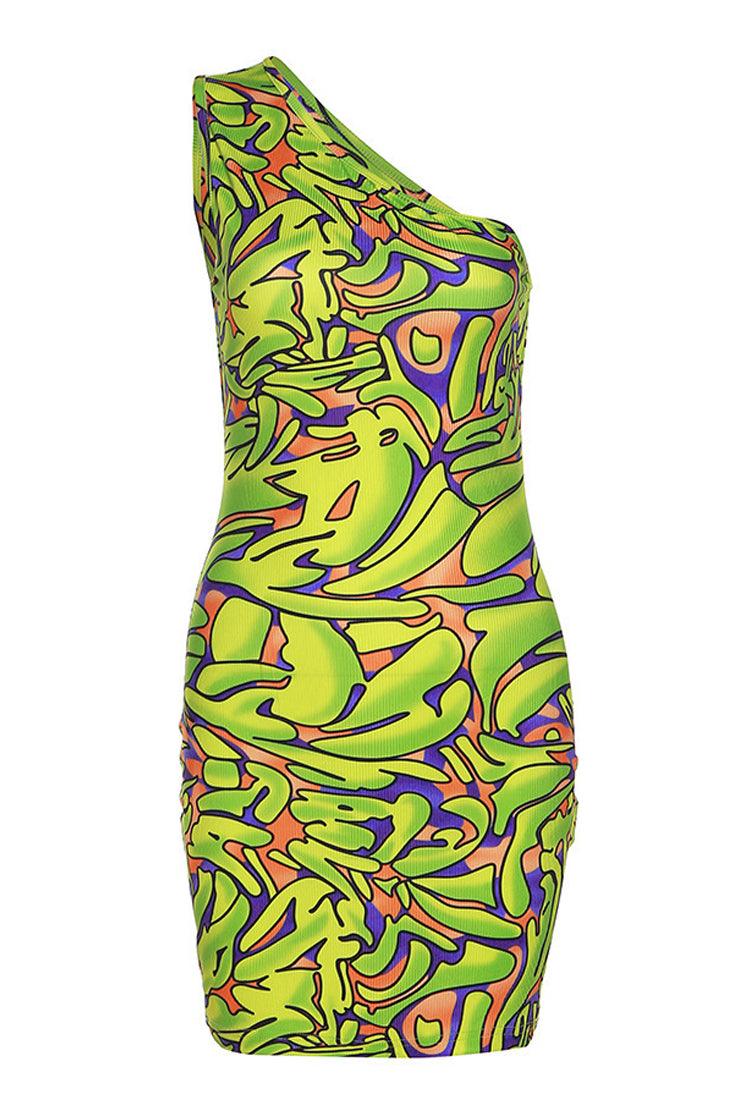 Lime Green Printed One Shoulder Ribbed Fitted Sexy Dress