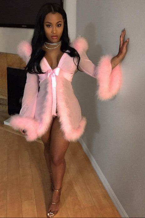 Pink Long Sleeve Mesh Faux Fur Trim Robe