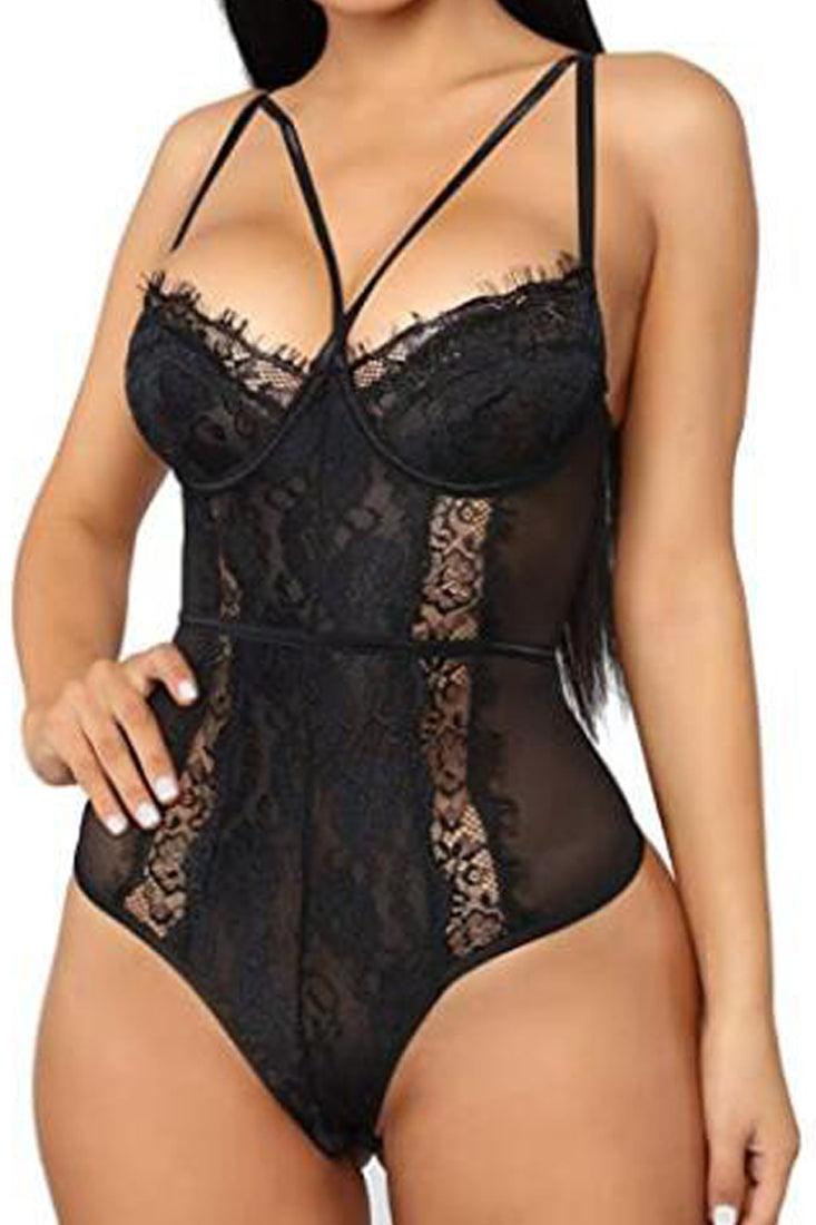 Black Eyelash Lace Strappy Bodysuit Sexy Lingerie