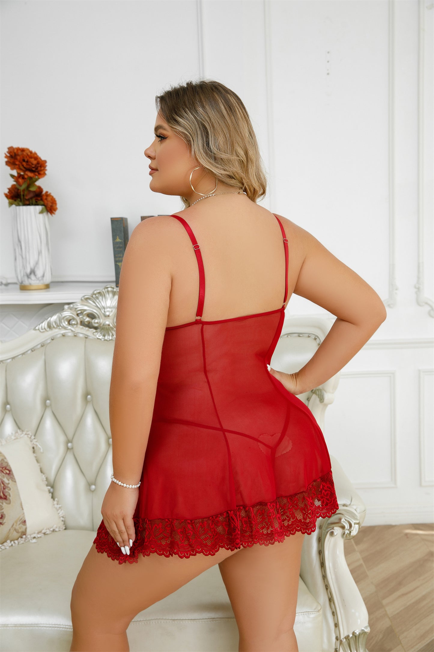 Plus Size Lace Suspenders See-Through Pajamas Women