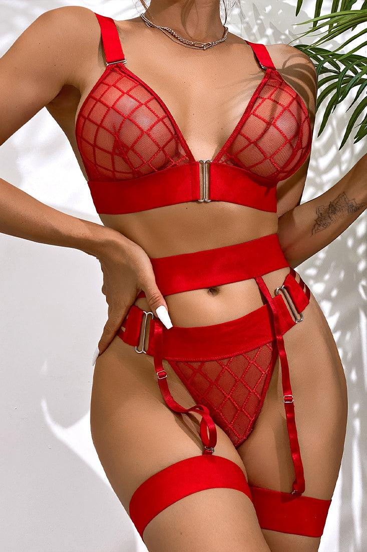 Red Checker Sheer Mesh Garter Thong 5 Pc Lingerie Set w613