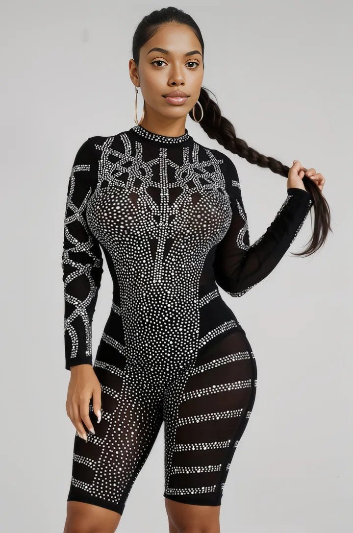 Black Blinged Out Knee Length Sexy Jumpsuit