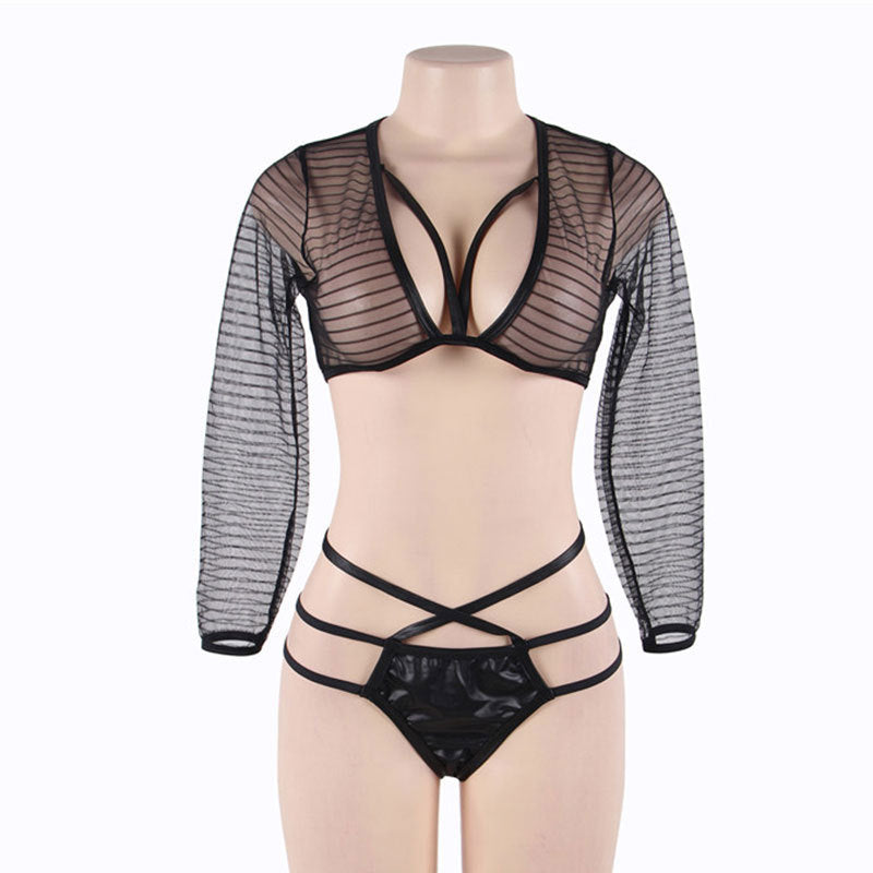 Plus Size Faux Leather Mesh Long Sleeve Seductive Lingerie