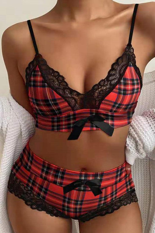 Black Red Plaid Lace Cami Shorts 2 Pc Holiday Pajamas Set