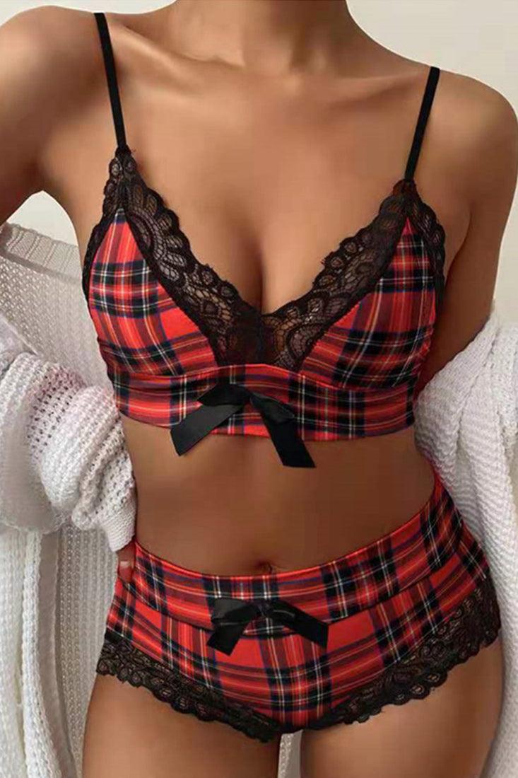 Black Red Plaid Lace Cami Shorts 2 Pc Holiday Pajamas Set