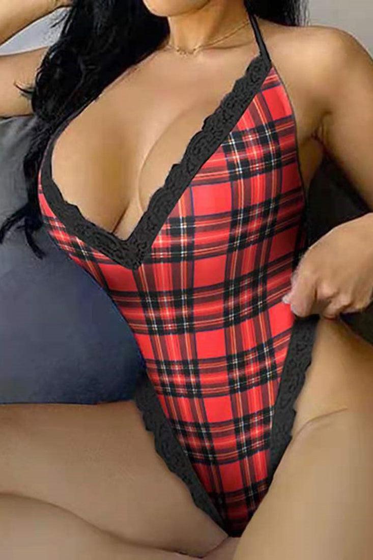 Black Red Plaid Lace Bodysuit Holiday Pajamas Lingerie