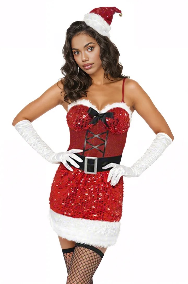 Red Sequin White Fur Lace-Up Bow 3Pc Sexy Santa Holiday Costume Dress