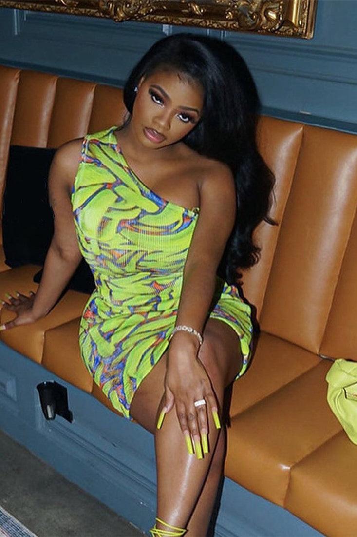 Lime Green Printed One Shoulder Ribbed Fitted Sexy Dress