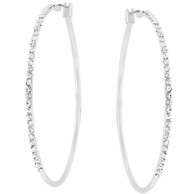 2 Inch Rhodium Plated Finish Cubic Zirconia Hoop Earrings - Babewear