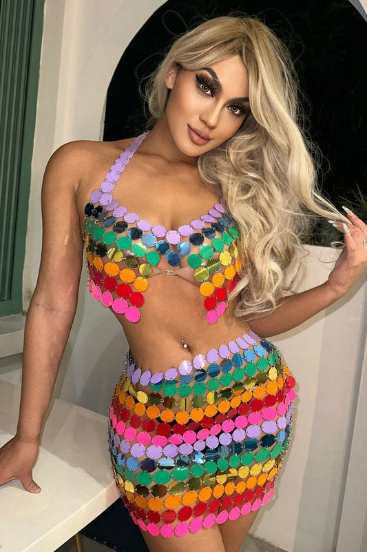 Rainbow Multi Coin Halter Sexy Party Top