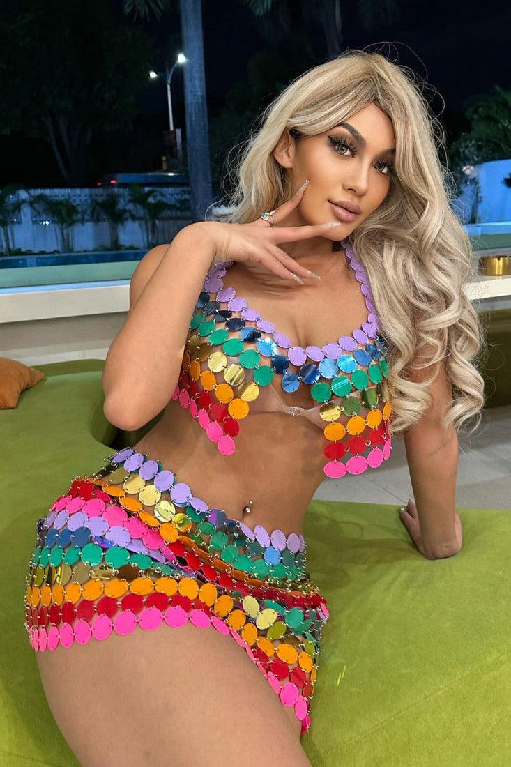 Rainbow Multi Coin Halter Sexy Party Top