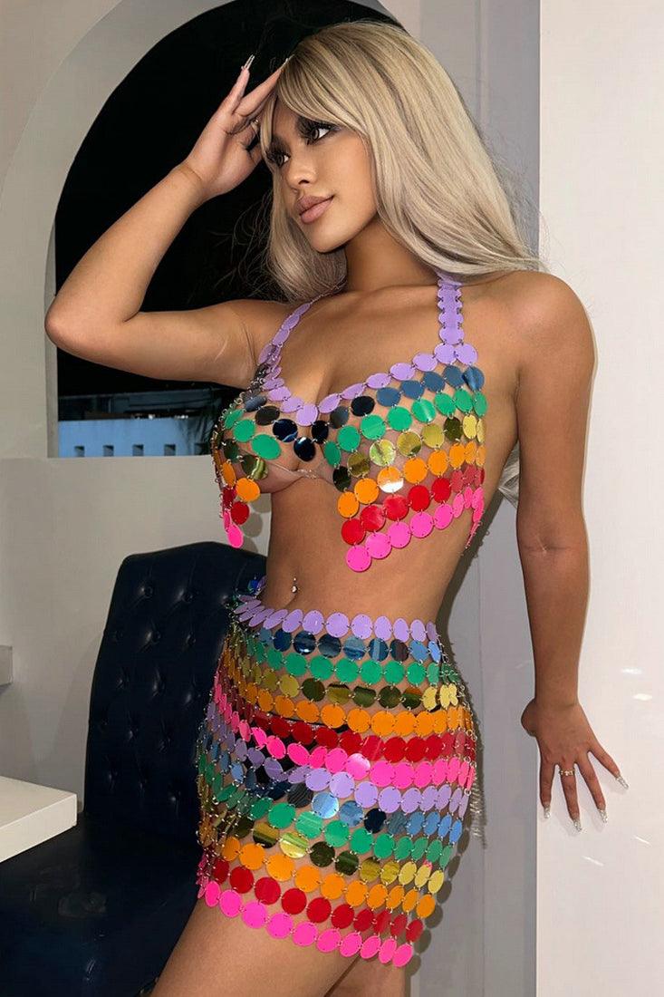 Rainbow Multi Coin Halter Sexy Party Top