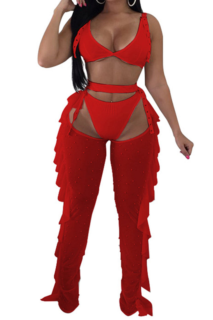 Red Buckle Pearl Triangle Top Mesh Chaps Sexy 3Pc Outfit