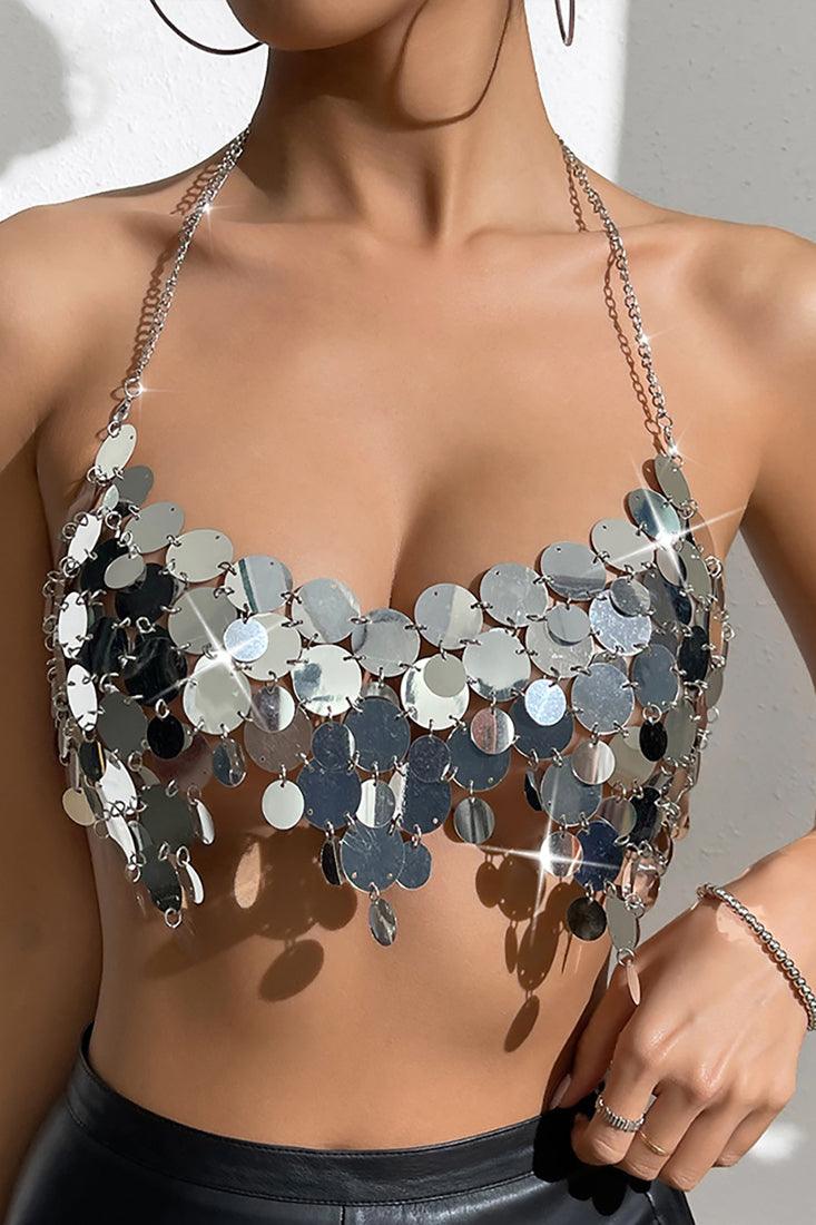 Silver Coin Sequin Chain Halter Crop Sexy Party Top