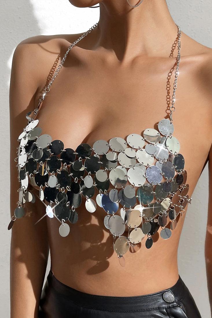 Silver Coin Sequin Chain Halter Crop Sexy Party Top