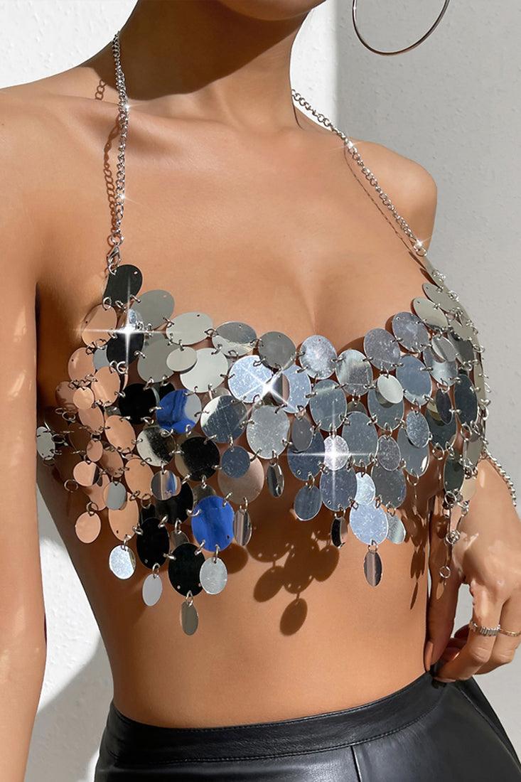 Silver Coin Sequin Chain Halter Crop Sexy Party Top