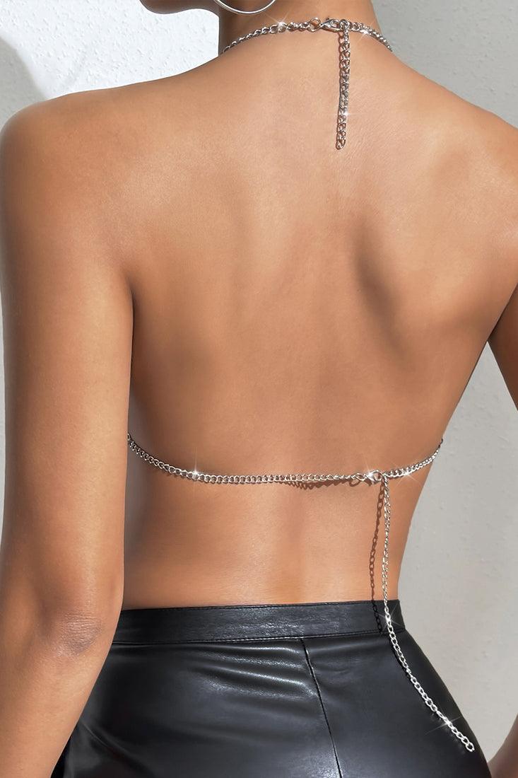 Silver Coin Sequin Chain Halter Crop Sexy Party Top