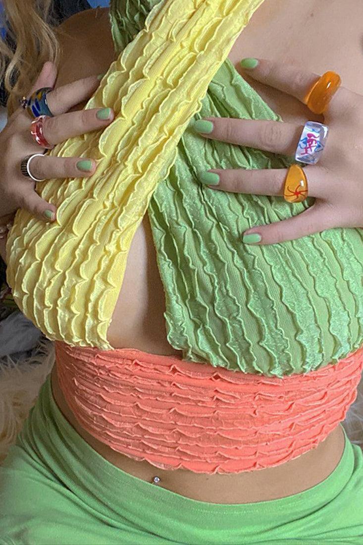 Green Yellow Orange Textured Fabric Halter Sexy Top