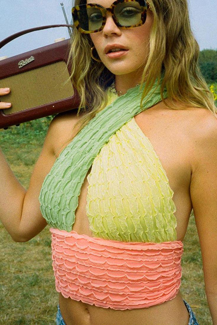 Green Yellow Orange Textured Fabric Halter Sexy Top