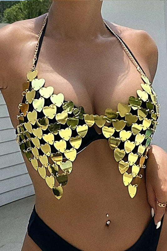 Gold Heart Shape Coin Chain Halter Crop Sexy Party Top