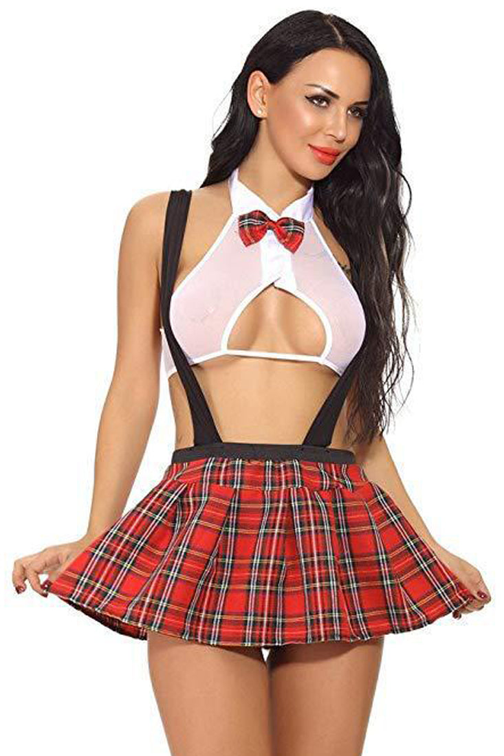 White Red Plaid Naughty School Girl 2 Piece Costume