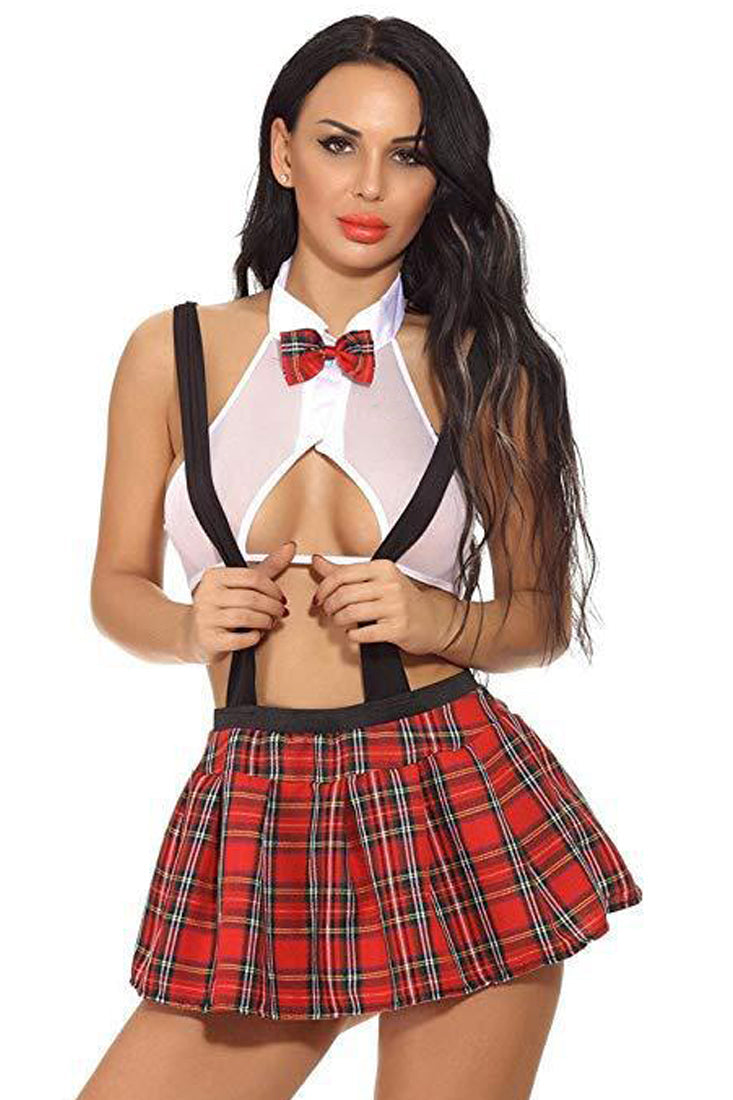 White Red Plaid Naughty School Girl 2 Piece Costume