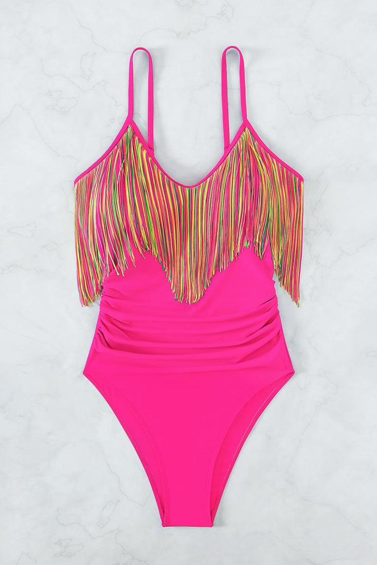 Hot Pink Rainbow Fringe High Cut Sexy 1Pc Swimsuit Monokini