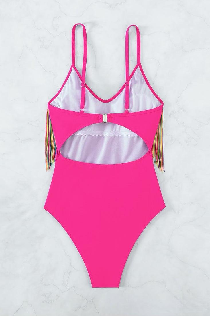 Hot Pink Rainbow Fringe High Cut Sexy 1Pc Swimsuit Monokini