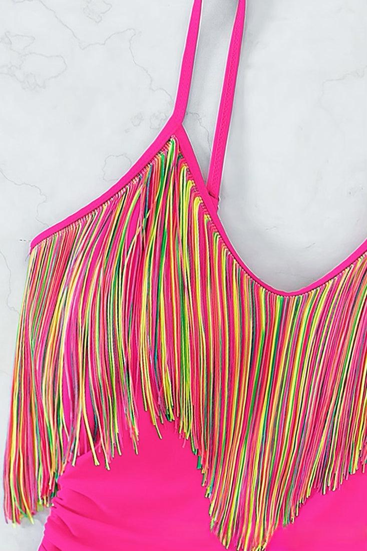 Hot Pink Rainbow Fringe High Cut Sexy 1Pc Swimsuit Monokini