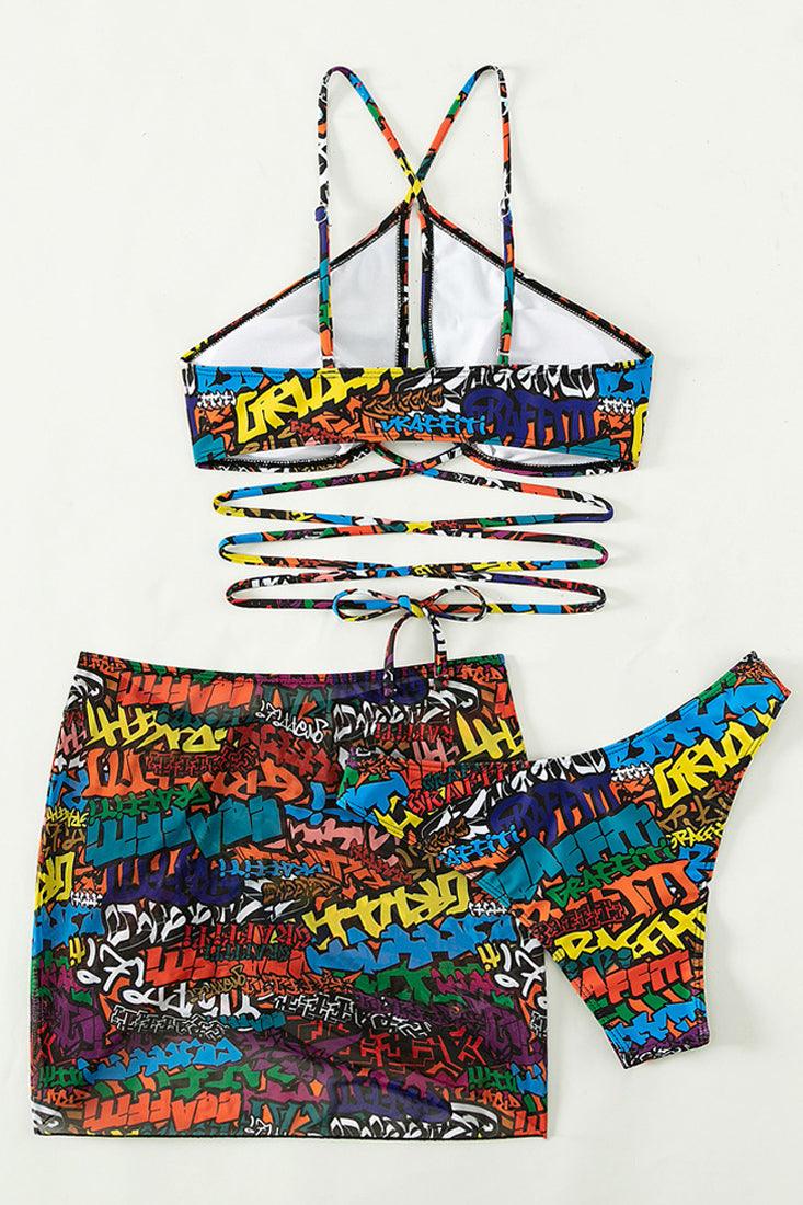 Multi Rainbow Graffiti Print Strappy Cheeky Mesh Cover-Up 3Pc Swimsuit Set