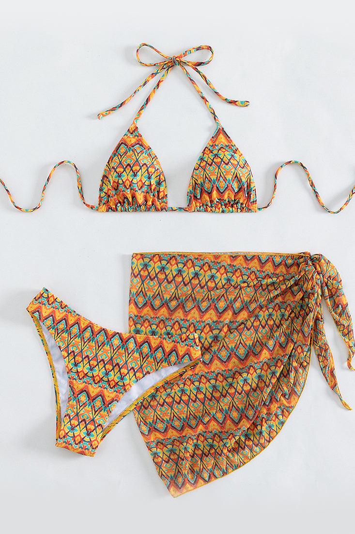 Multi Aztec Print Triangle Cheeky Cover-Up 3Pc Swimsuit Set Bikini