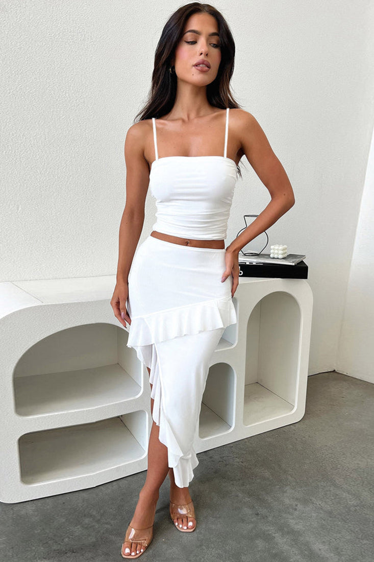 White Straps Top Ruffle Asymmetrical Skirt Sexy 2Pc Dress Outfit