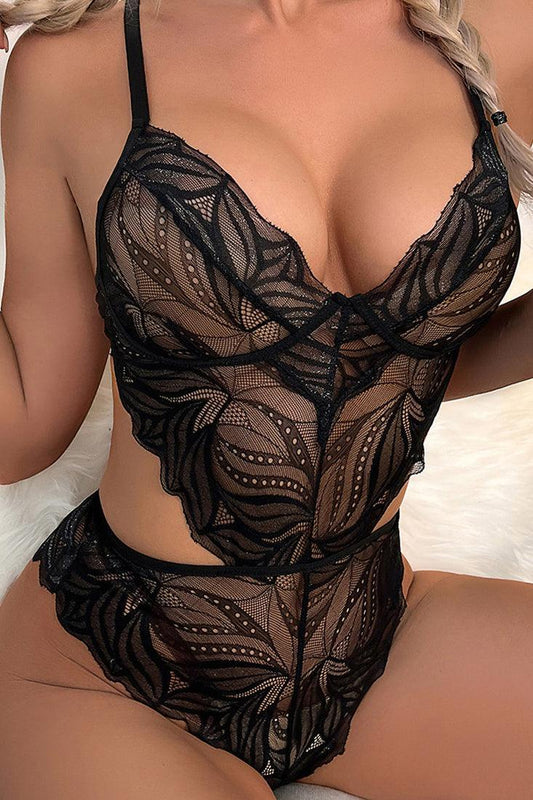 Black Lace V-Neck Spaghetti Straps Sexy Lingerie Bodysuit