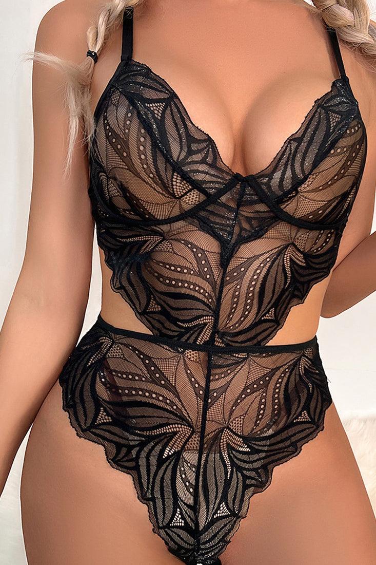 Black Lace V-Neck Spaghetti Straps Sexy Lingerie Bodysuit