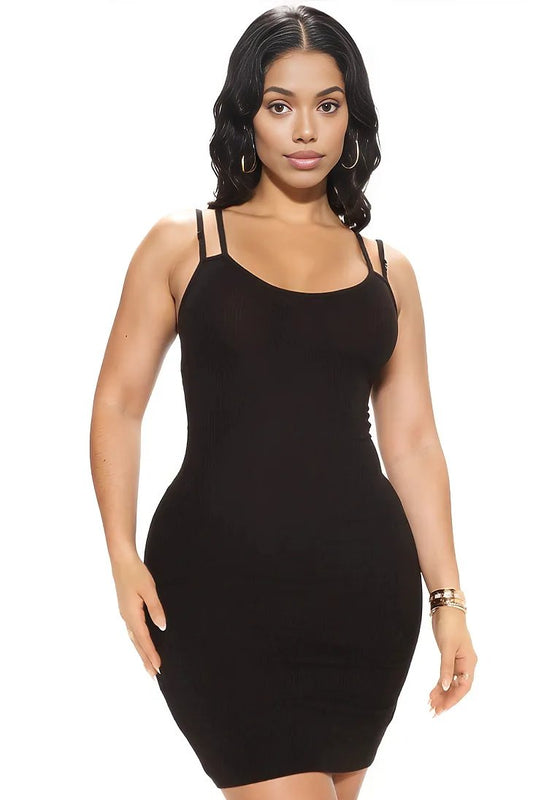 Black Ribbed Double Straps Sexy Fitted Dress