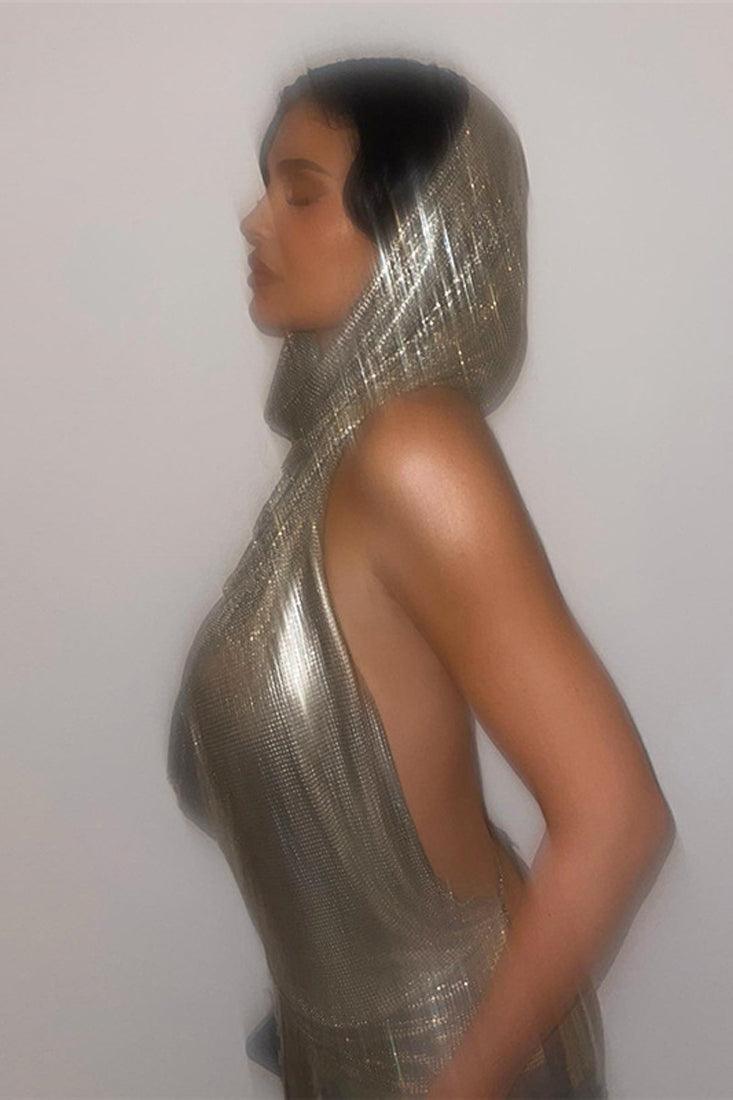 Silver Metallic Halter Hooded Backless Chain Party Club Top