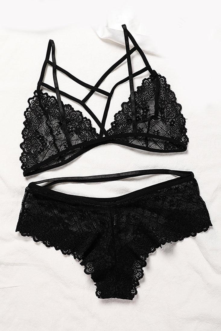 Black Lace Strappy Bra Underwear 2Pc Lingerie Set