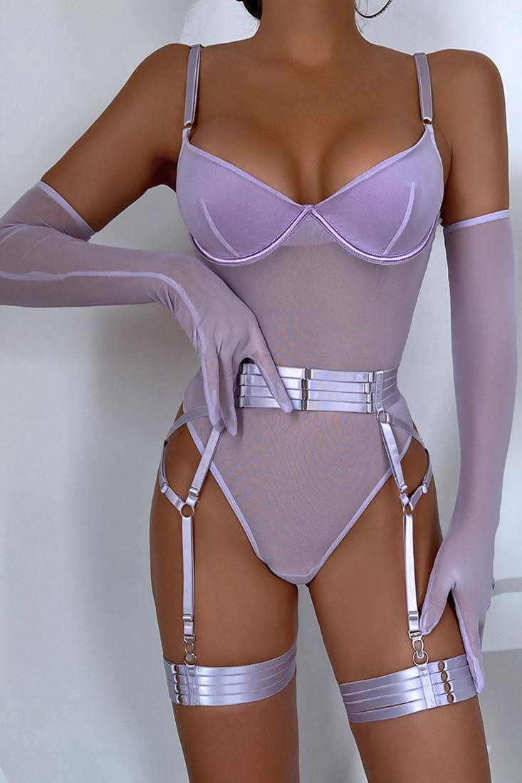 Lavender Mesh Teddy Garter Belt Gloves 5Pc Sexy Lingerie