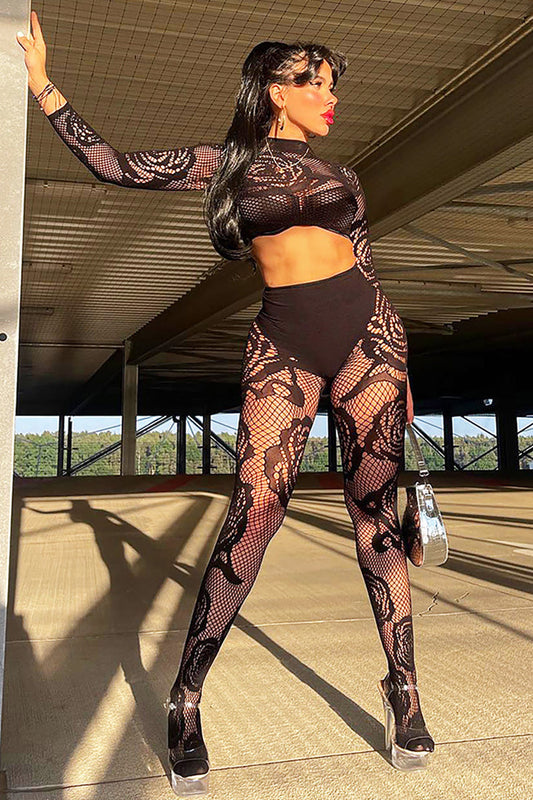 Black Rose Netted Crop Top Footed Leggings 2Pc Sexy Stretchy Outfit