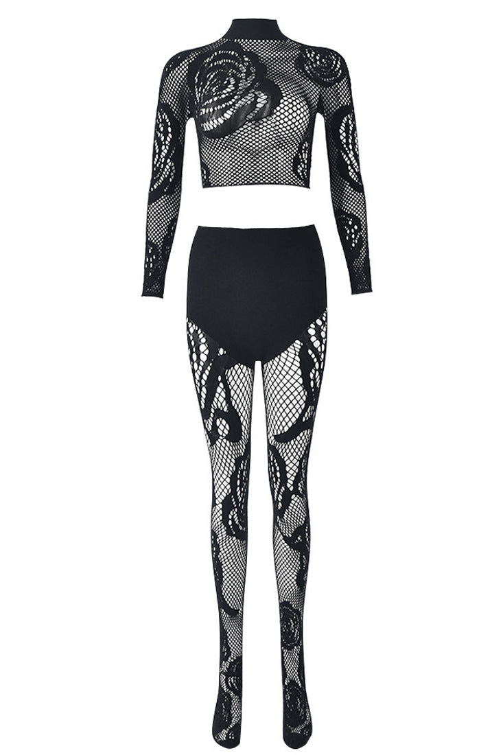 Black Rose Netted Crop Top Footed Leggings 2Pc Sexy Stretchy Outfit