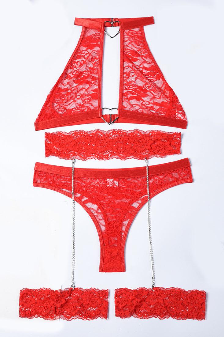 Sexy Red Lace Halter Heart Ring Chain Lingerie Set