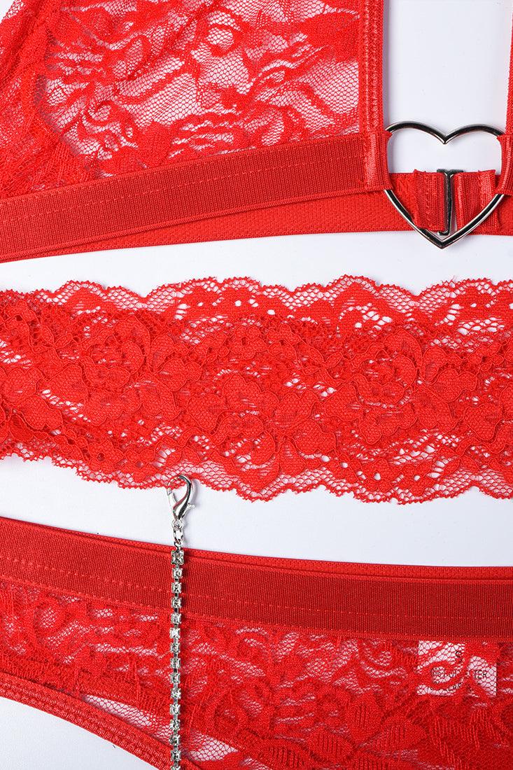 Sexy Red Lace Halter Heart Ring Chain Lingerie Set