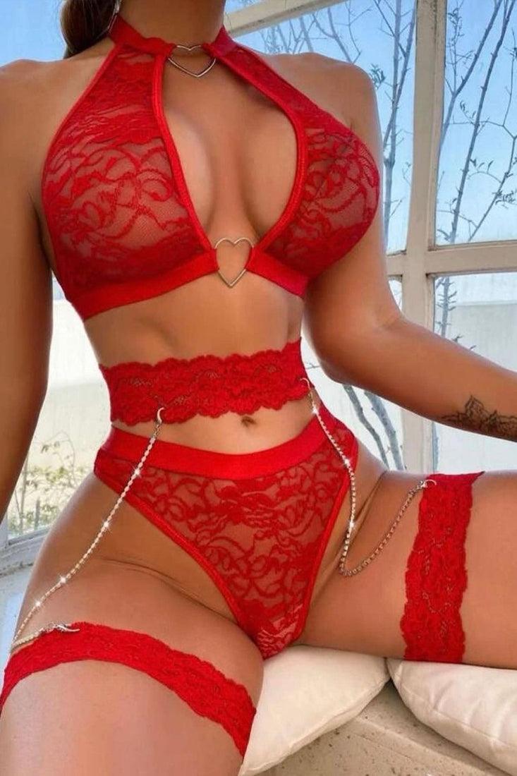 Sexy Red Lace Halter Heart Ring Chain Lingerie Set